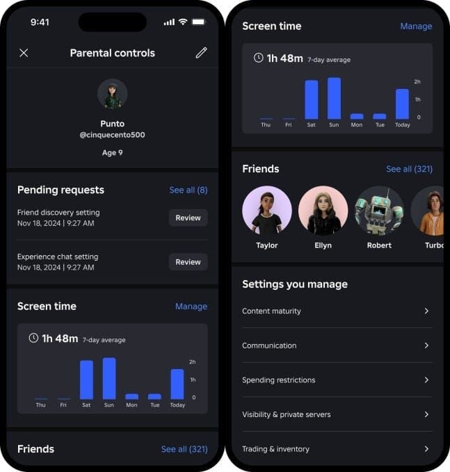Ecranul de setări pentru controlul parental Roblox