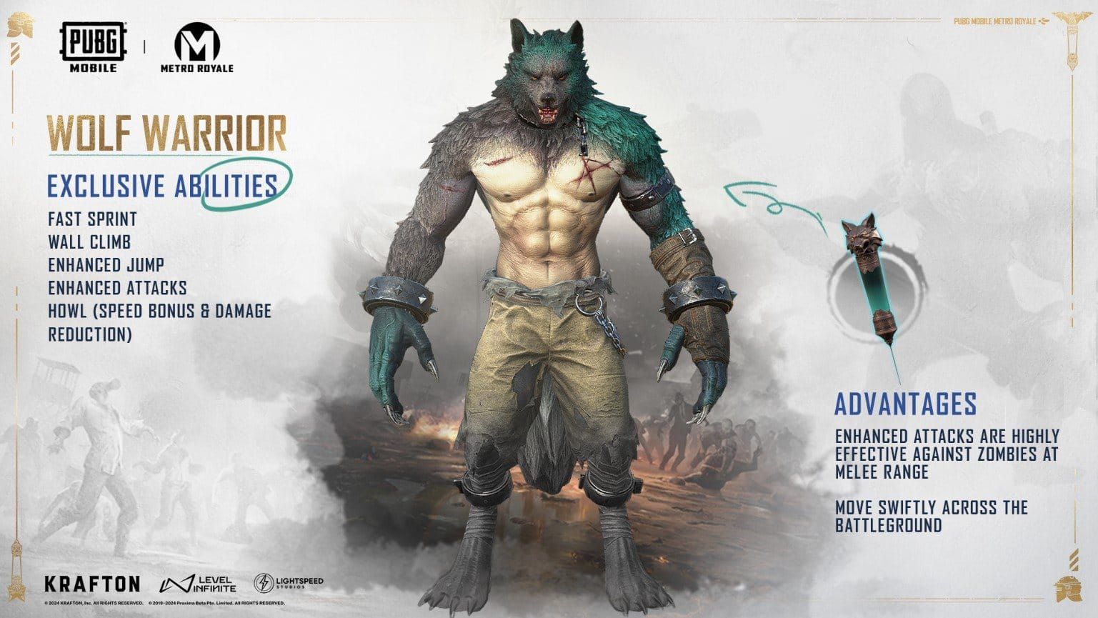 Captura de pantalla del juego de PUBG Mobile en el modo Luna Sangrienta con la transformación del Guerrero Lobo