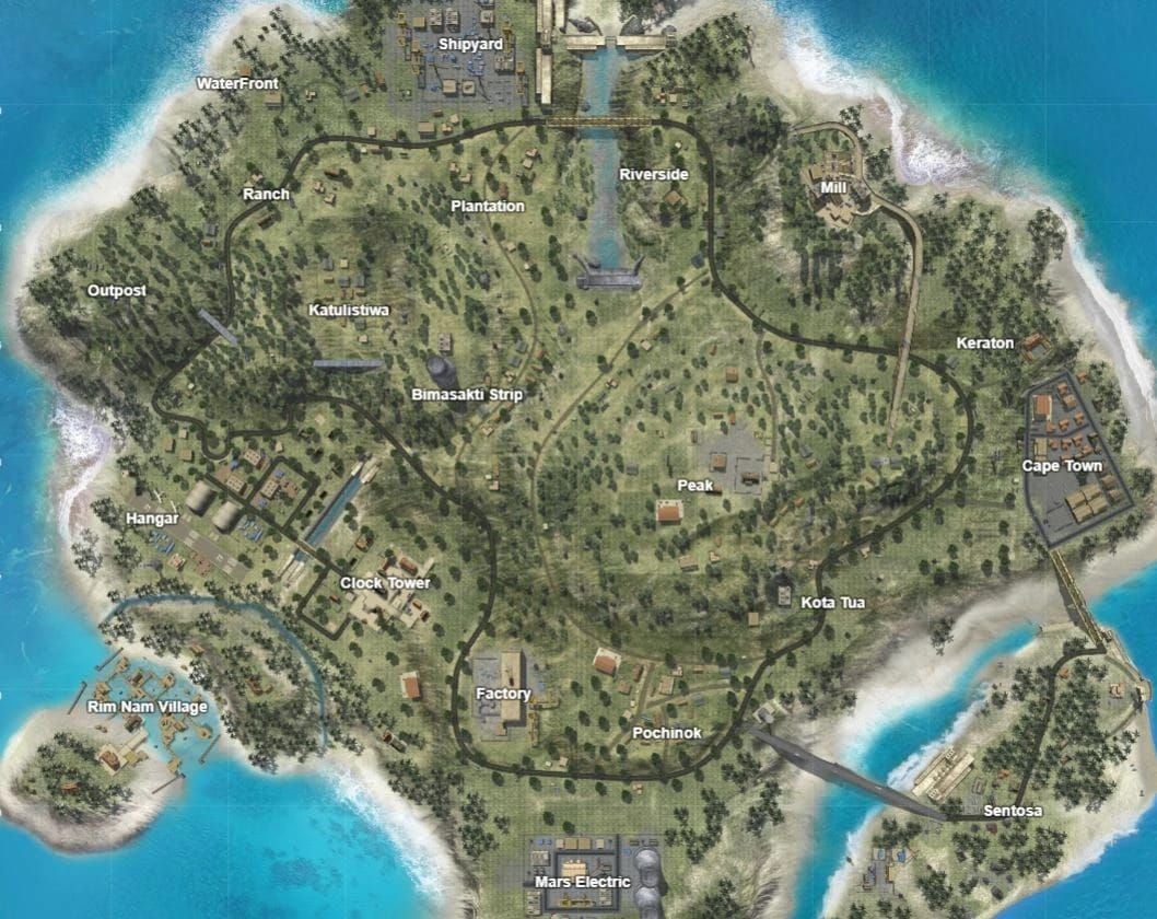 Mapa de Bermuda do Free Fire mostrando a Clock Tower e zonas de pouso ideais para farmar bots
