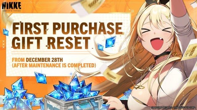 Comparison chart showing doubled gem amounts for first-time purchases in Nikke