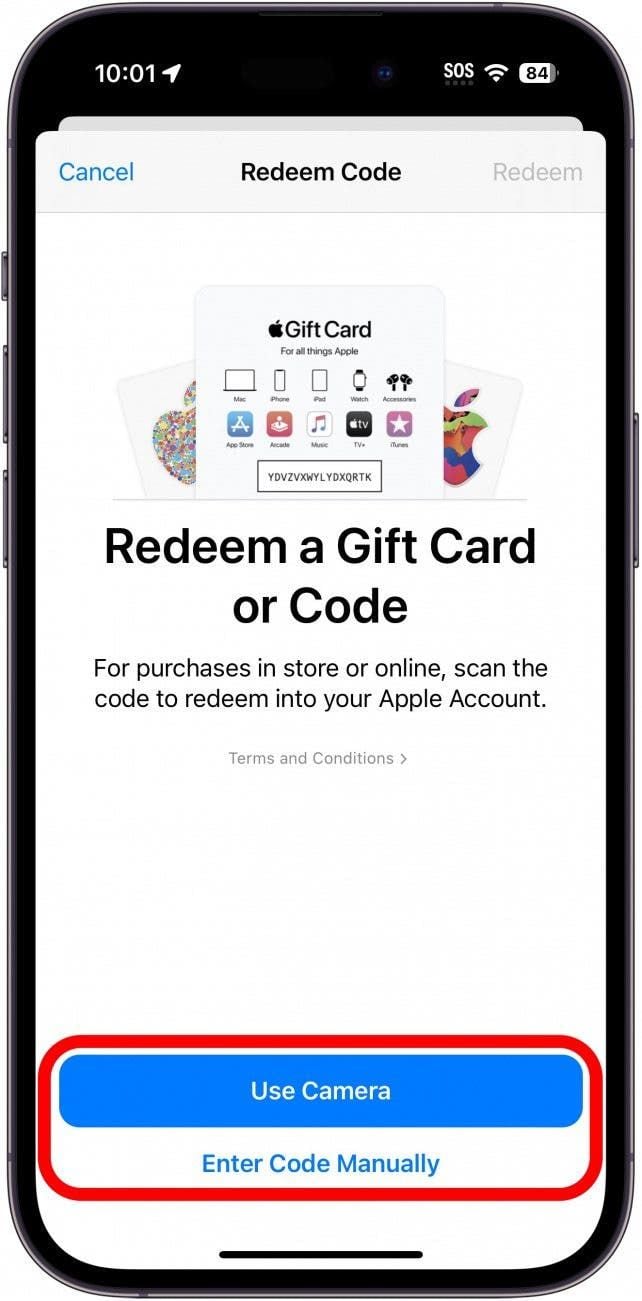 Ekran realizacji karty podarunkowej w App Store na iPhonie