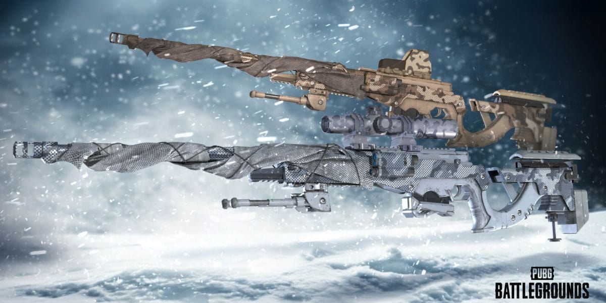 Skin progressiva de rifle sniper AWM do Subzero Pass do PUBG Mobile mostrando estágios de evolução e design de camuflagem de inverno