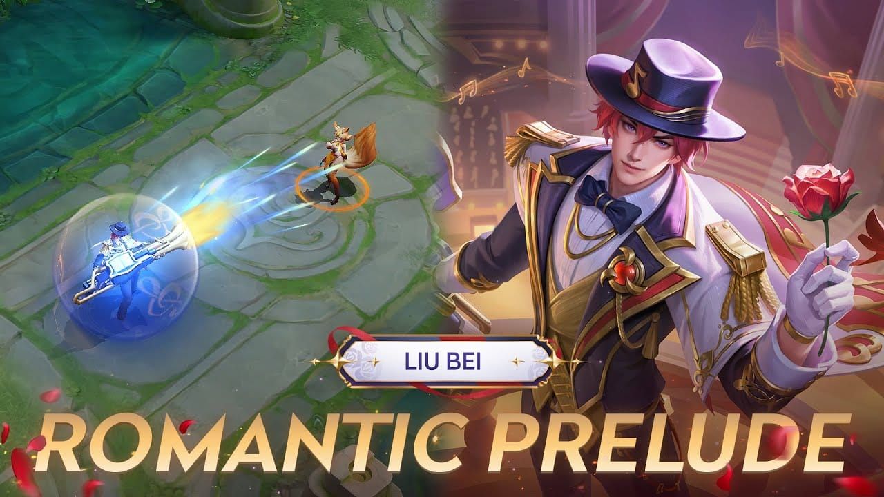 Honor of Kings Liu Bei Romantic Prelude skin showing wine-red cape with rose embroidery and silver armor