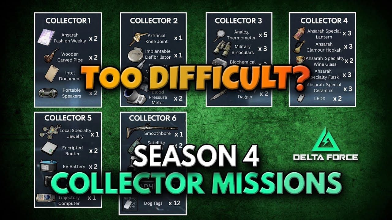 Interface des missions de Collectionneur Delta Force avec trois rangées de tâches et exigences d'objets