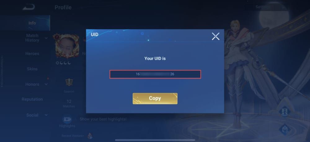 Honor of Kings settings screen highlighting where to find Player ID (UID)