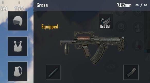 PUBG Mobile Groza weapon with optimal attachments including Red Dot Sight and Extended Quickdraw Magazine