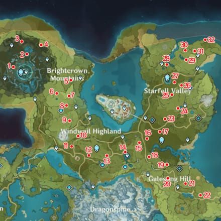 Genshin Impact world map highlighting Ley Line Blossoms of Wealth for Mora farming