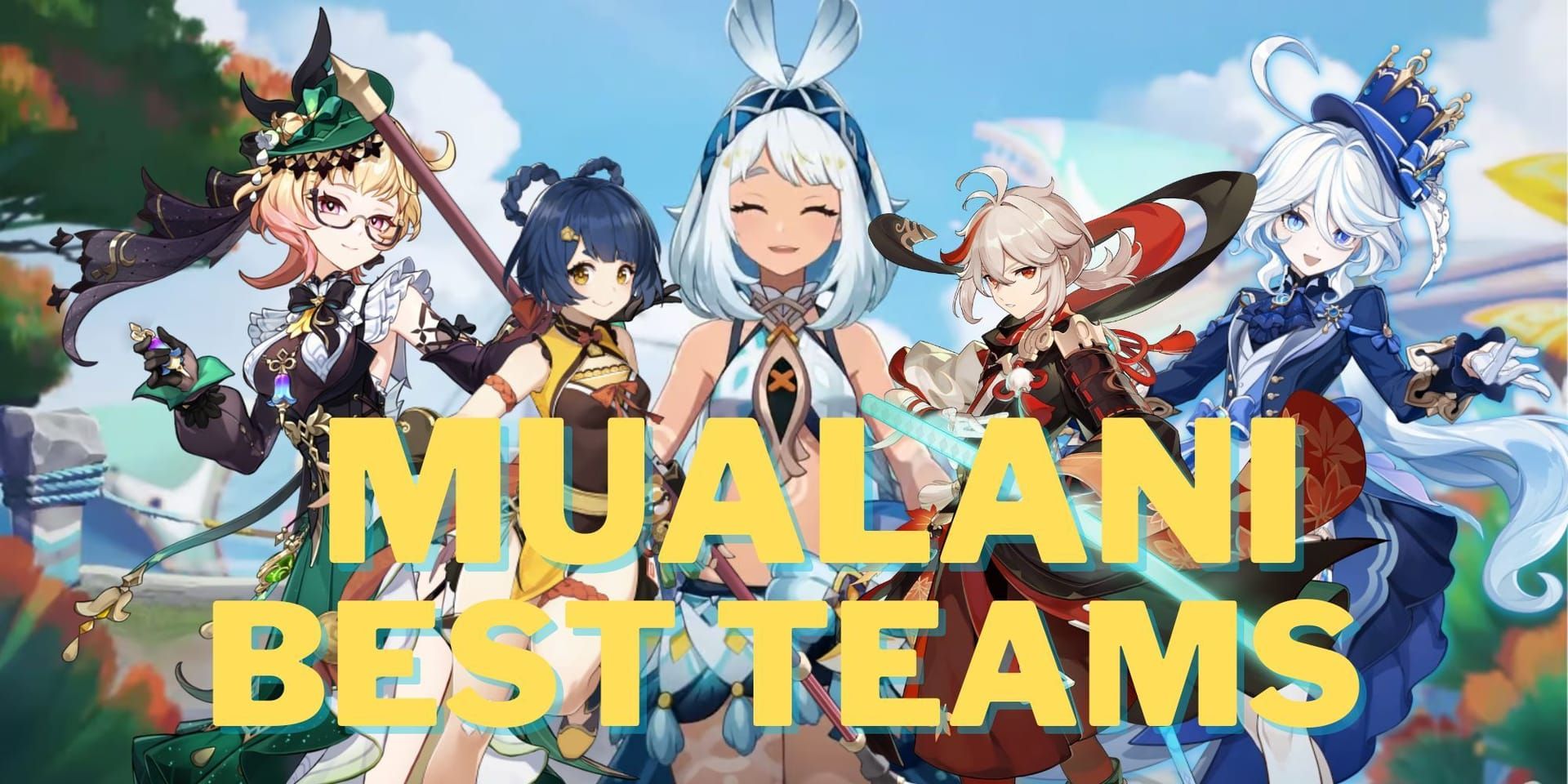 Four-character team lineup showing Mualani, Xiangling, Kazuha, and Zhongli for Vaporize reactions