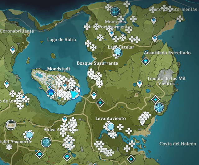 Genshin Impact mini-map displaying local specialty tracking markers