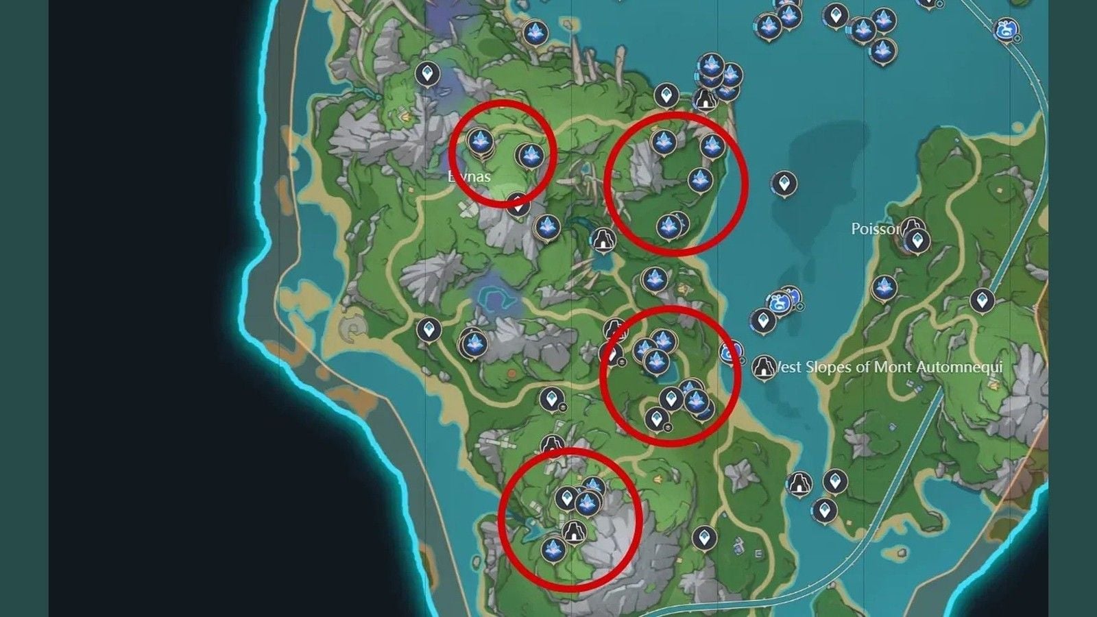 Condessence Crystal farming map of Elynas in Fontaine with circled high-density nodes