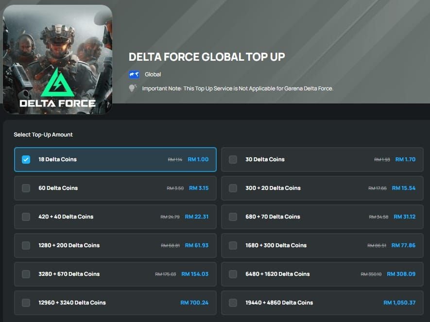 หน้าจอเลือกการชำระเงินของ BitTopup สำหรับแพ็กเกจเงินในเกม Delta Force