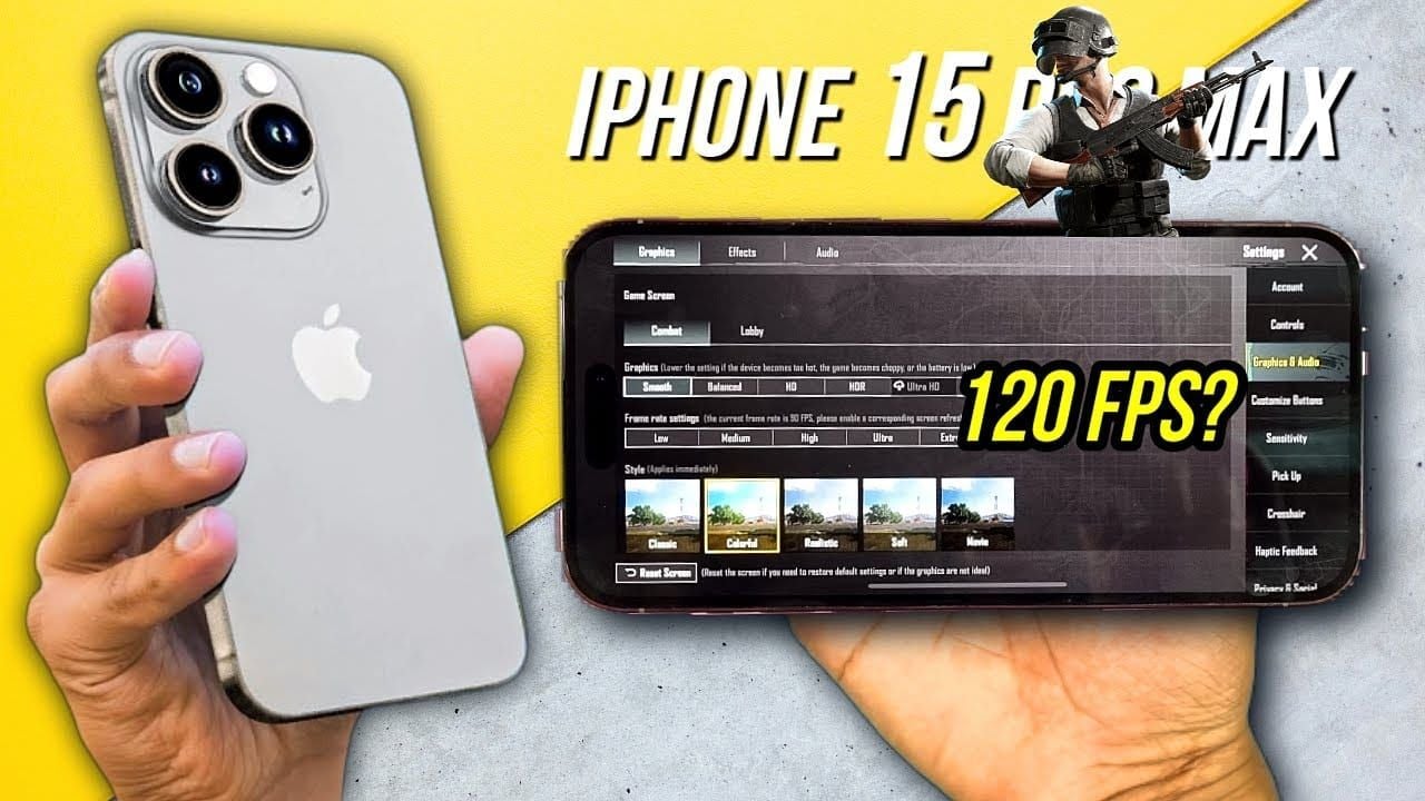iPhone 15 Pro Max ejecutando el juego PUBG Mobile mostrando una jugabilidad fluida en la pantalla ProMotion