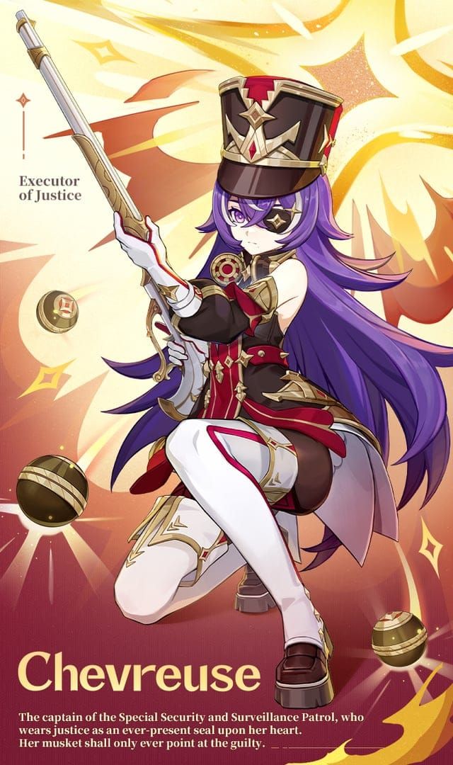 Портрет персонажа Шеврёз, демонстрирующий её дизайн и способности в Genshin Impact