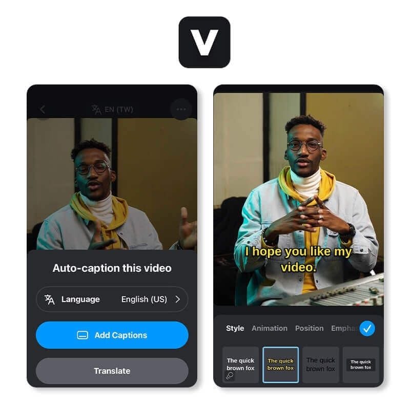 Antara muka penyuntingan Likee dengan ikon teks dan lapisan kapsyen auto termasuk penyesuaian gaya