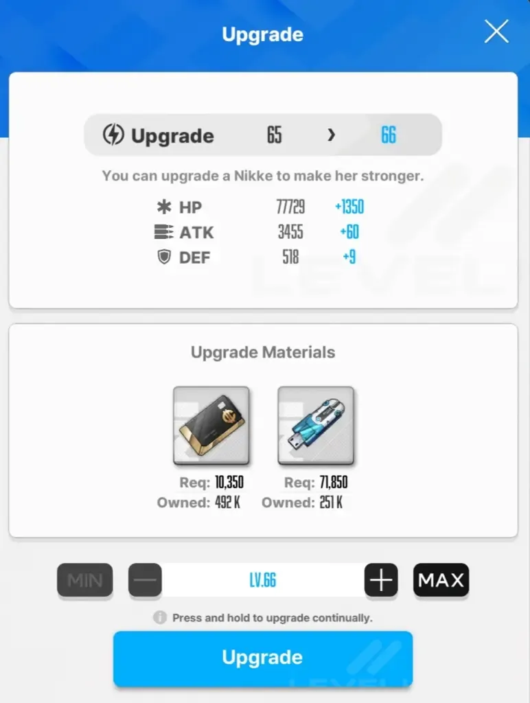 Nikke Skill-Upgrade-Menü mit Handbuch-Anforderungen