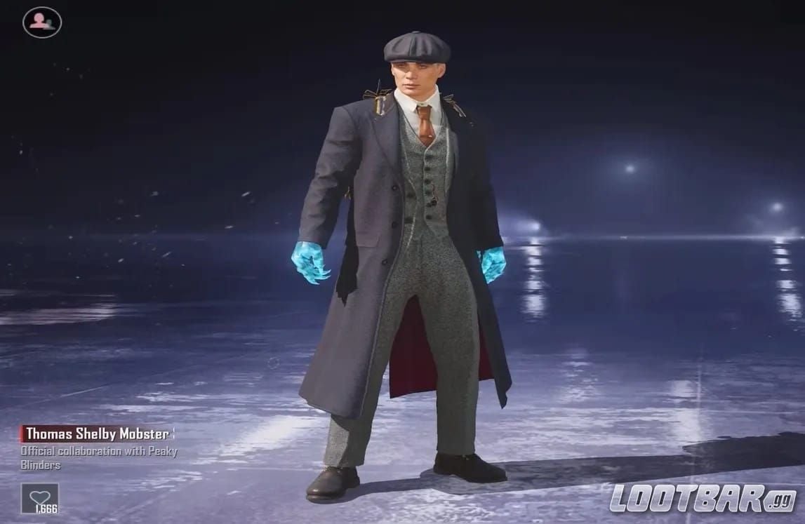 Vue en jeu de la tenue du personnage Thomas Shelby de Peaky Blinders dans PUBG Mobile