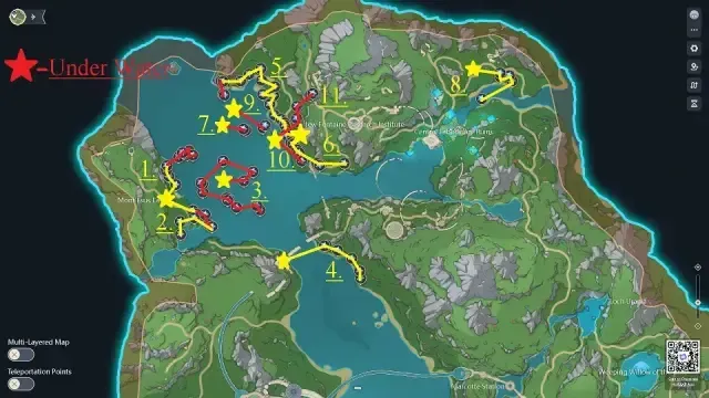 Lempo Isle farming route map showing waypoints and specialty locations in Genshin Impact