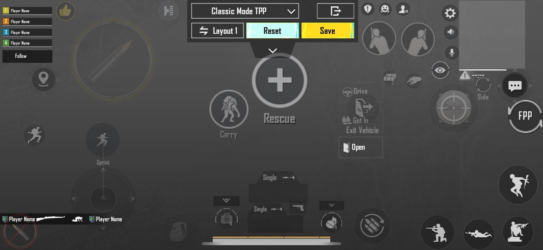 PUBG Mobile settings menu showing Layout Management and Search function navigation