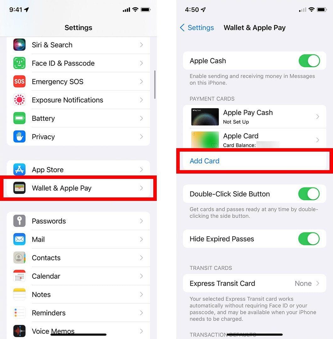 iOS settings screen showing Apple Pay and Wallet configuration options