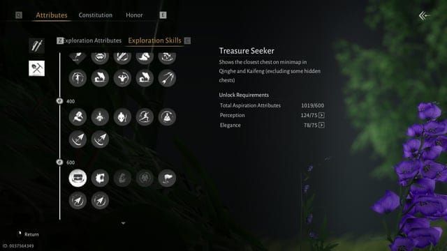 Where Winds Meet Treasure Seeker skill interface for Qinchuan exploration