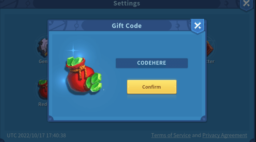Infinity Kingdom settings menu showing redeem code input