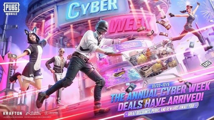 Interface Cyber Week de PUBG Mobile montrant les ensembles à remise comme le Templier Cramoisi et le Vagabond Mystique