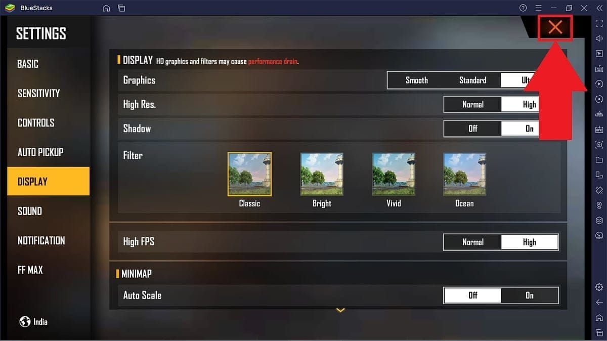 Interface de configurações gráficas e de desempenho dentro do jogo Free Fire