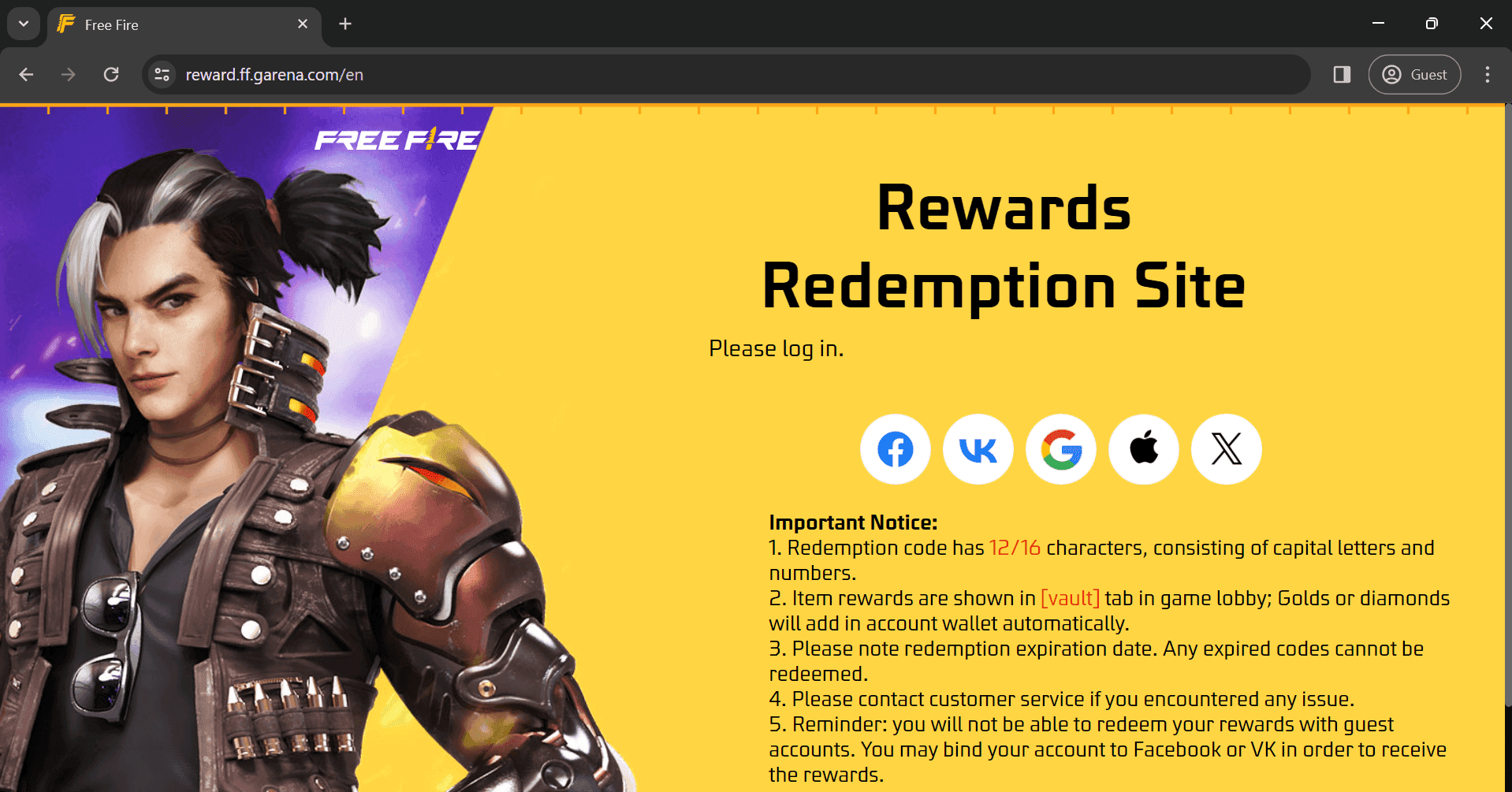 Free Fire official redeem code website interface
