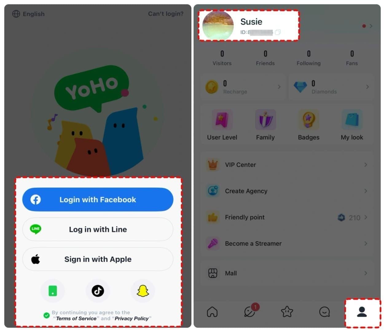 Ecranul de reîncărcare YoHo: Group Voice Chat cu introducere UID