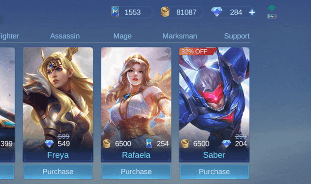 Comparison chart showing Battle Points versus Diamonds for hero purchases in Mobile Legends