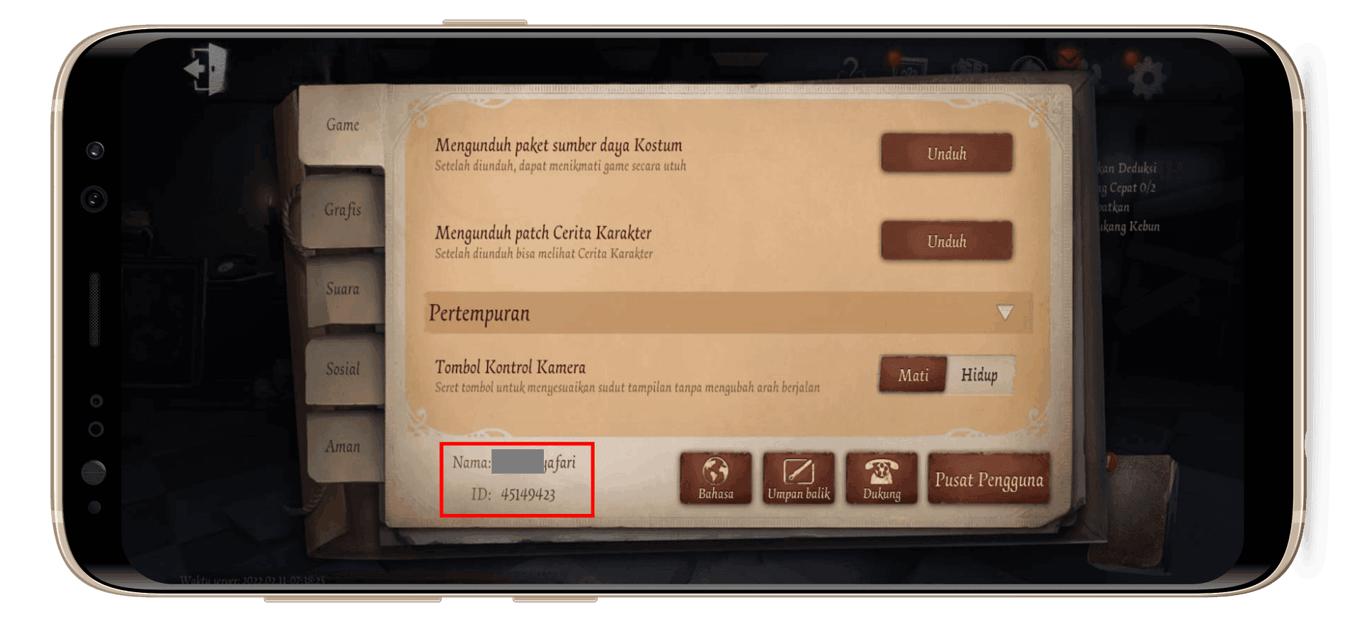 Identity V game settings screen showing where to find User ID in the Games tab