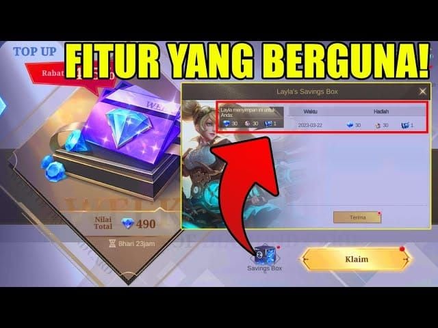 MLBB 萊拉的儲蓄盒介面，顯示未領取的週鑽石卡獎勵