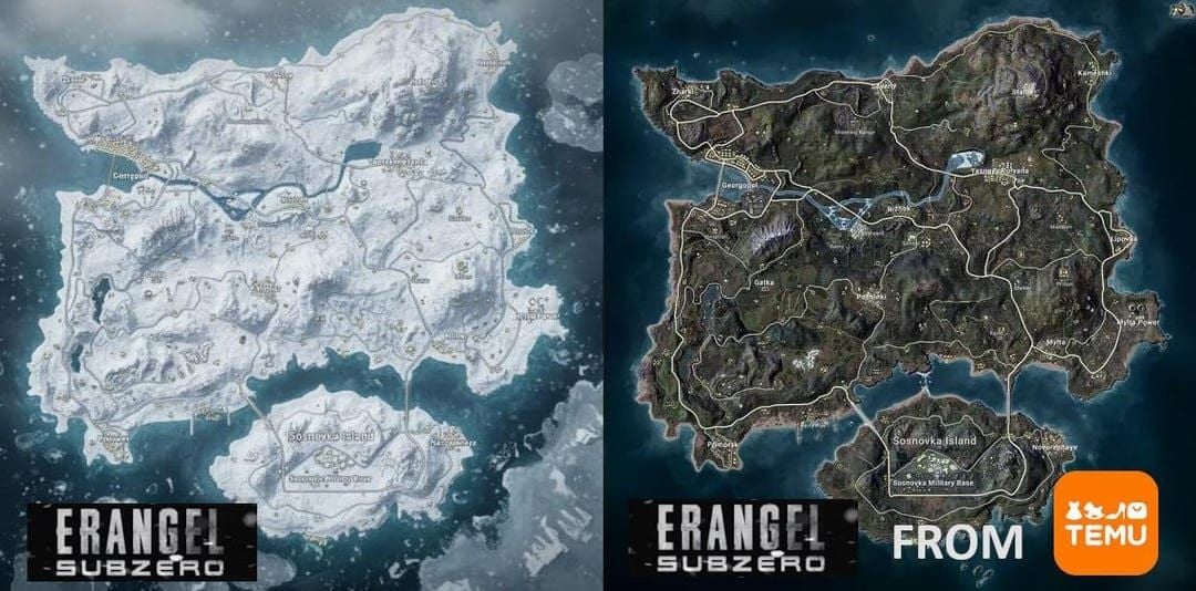 Mapa de Erangel de Inverno do PUBG Mobile mostrando os locais de spawn do Lançador de Granadas da Zona Azul