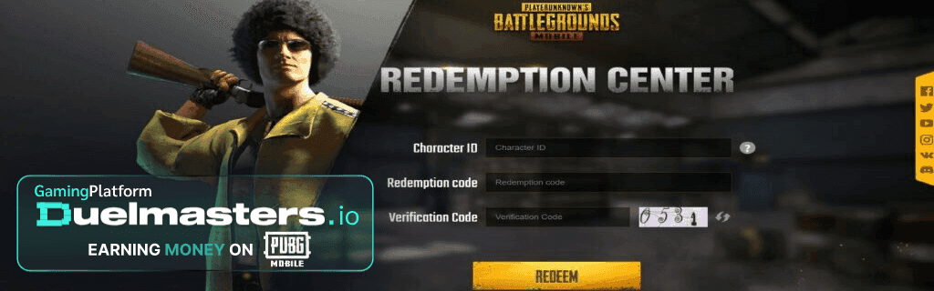 PUBG Mobile code redemption page interface showing input fields for redeem codes