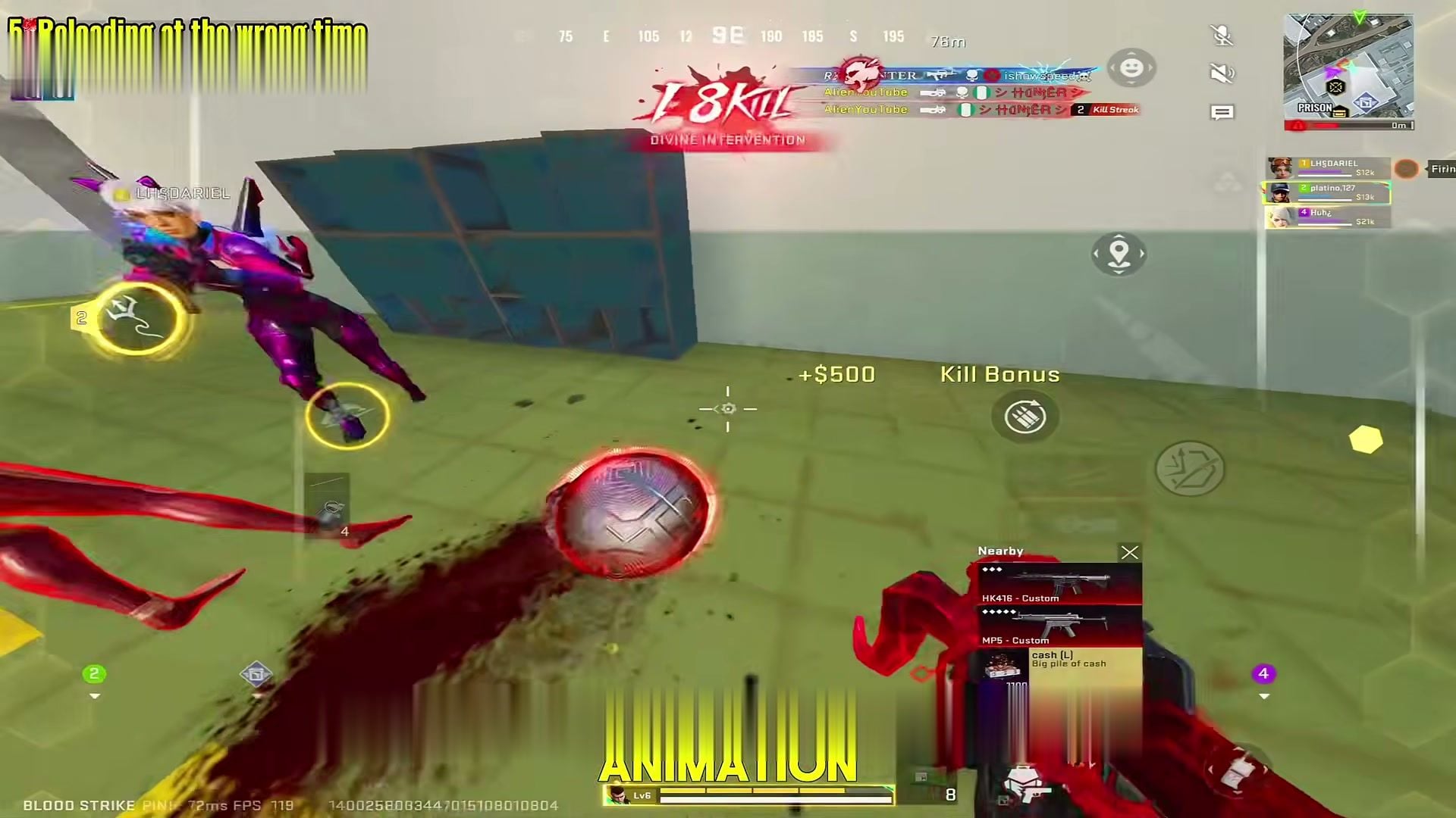 Après un bonus de kill sur Blood Strike, l'ATH affiche HK416 et MP5 avec 8 balles restantes : ne rechargez pas à découvert