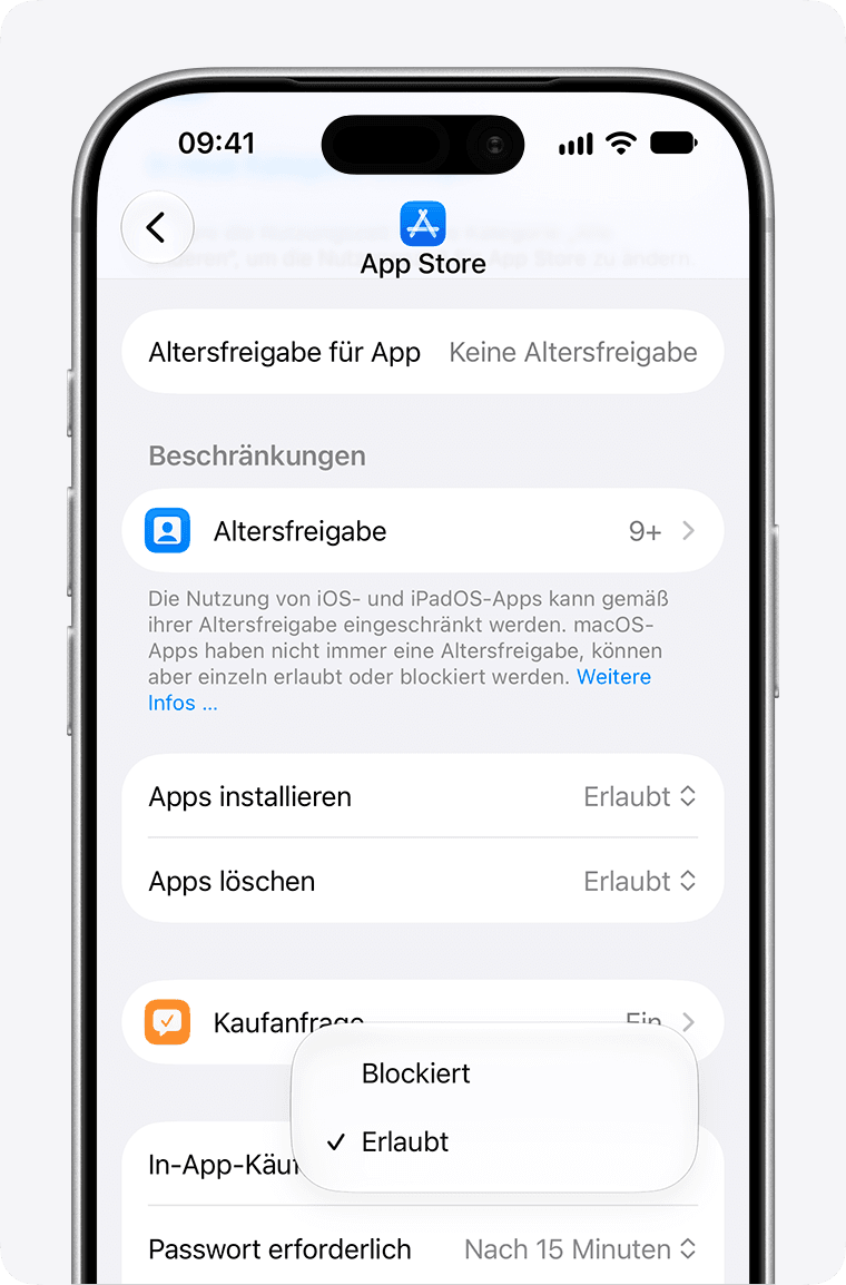 Apple Bildschirmzeit App Store In-App-Käufe Blockiert Menü