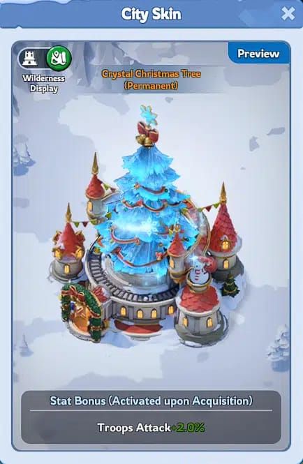 Скриншот поселения Whiteout Survival с постоянным обликом города «Хрустальная рождественская елка»