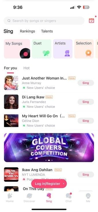 Gráfico comparativo de músicas K-pop no StarMaker mostrando alcances vocais e classificações de dificuldade para Dynamite, Cupid e Butter