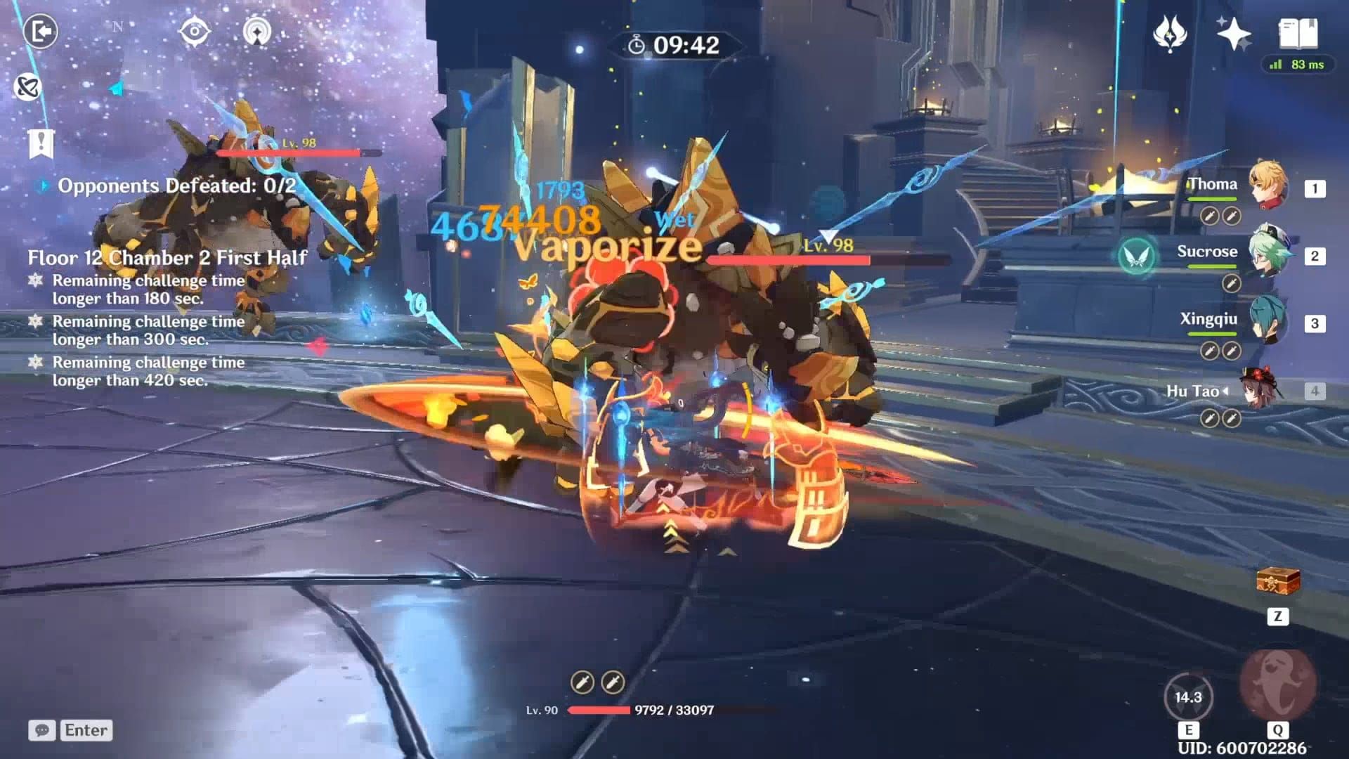 Genshin Impact Gameplay-Screenshot, der die 15-Sekunden-Overvape-Rotationssequenz mit Fähigkeits-Timing zeigt