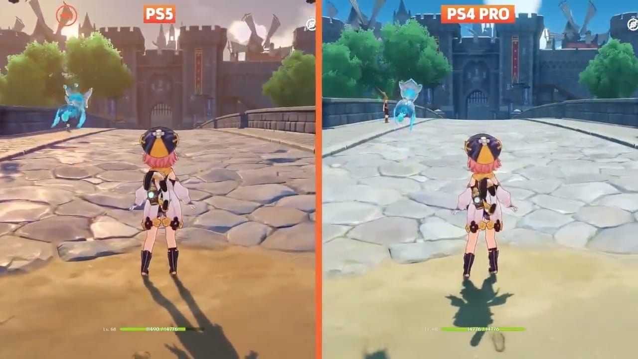 Performance comparison between Genshin Impact on PS4 and PS5 showing improved loading times and frame rates