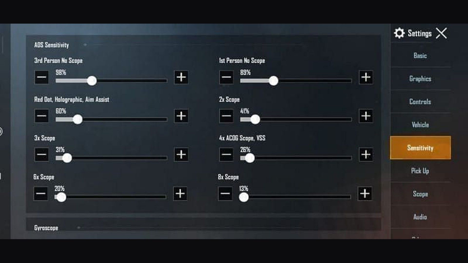 PUBG Mobile ADS sensitivity sliders used to preview a 120Hz code