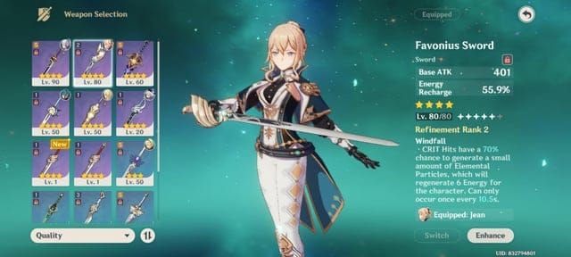 Jean character build with Favonius Sword for Xiao battery support