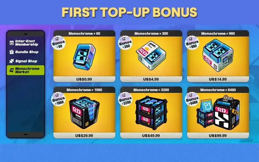 Zenless Zone Zero official top-up store interface showing Monochrome purchase options