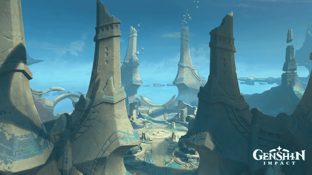 Hiisi Isle landscape with crystalline spires and ancient shrines in Genshin Impact