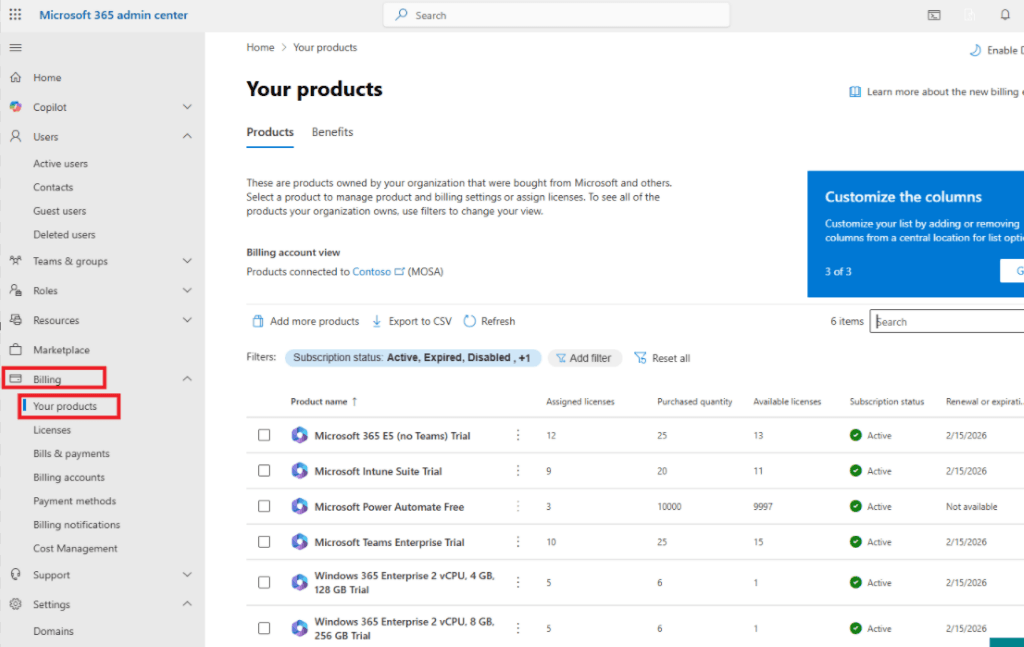 Microsoft 365 admin center Billing Your products screen