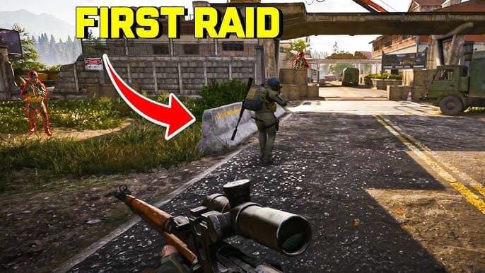 Scène d'action de raid dans Arena Breakout Infinite démontrant un gameplay d'extraction rapide