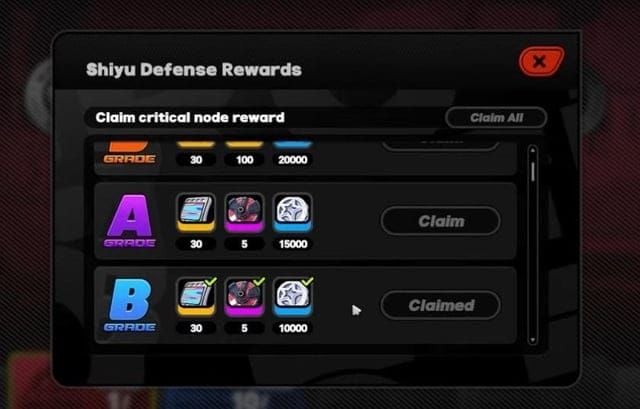 Zenless Zone Zero Shiyu Defense interface displaying stage rewards and completion status