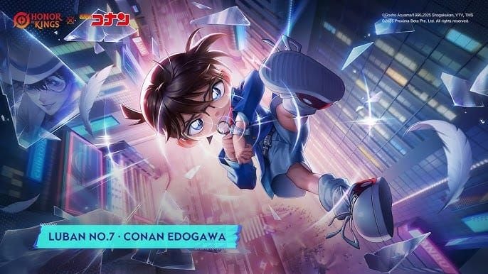 Honor of Kings Detective Conan collaboration character skins showing hero transformations