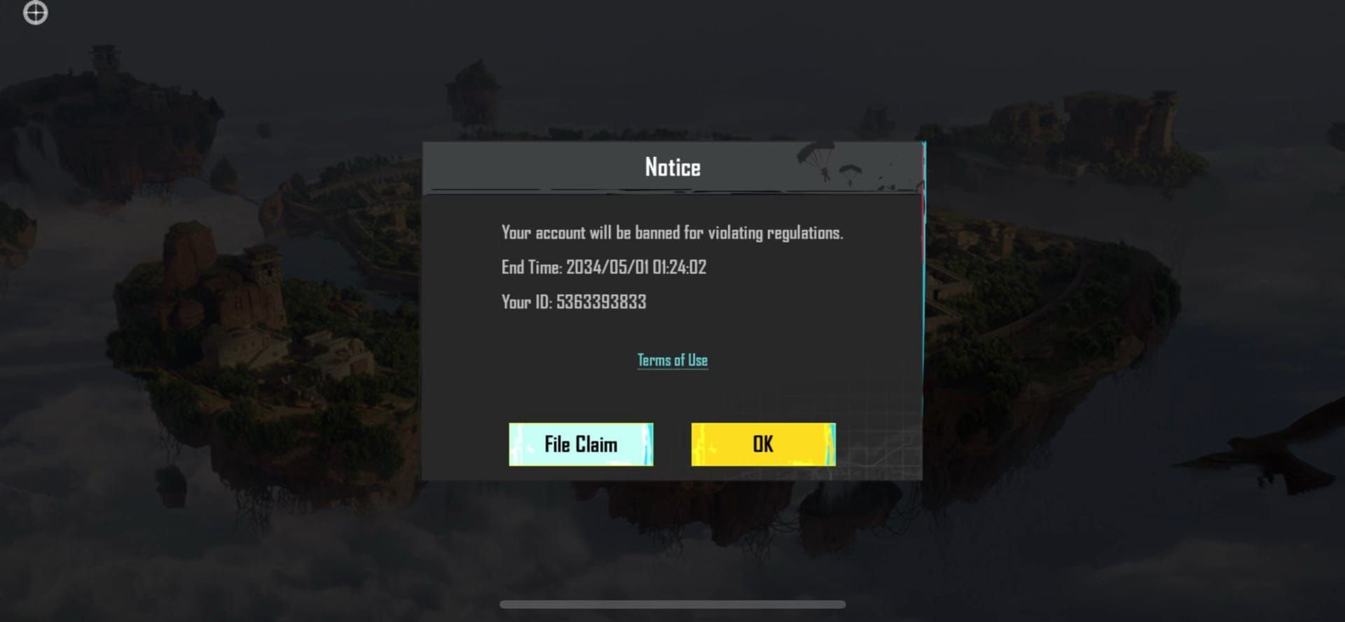 PUBG Mobile Bannbenachrichtigungs-Oberfläche, die die Option „Anspruch einreichen“ für Einsprüche zeigt