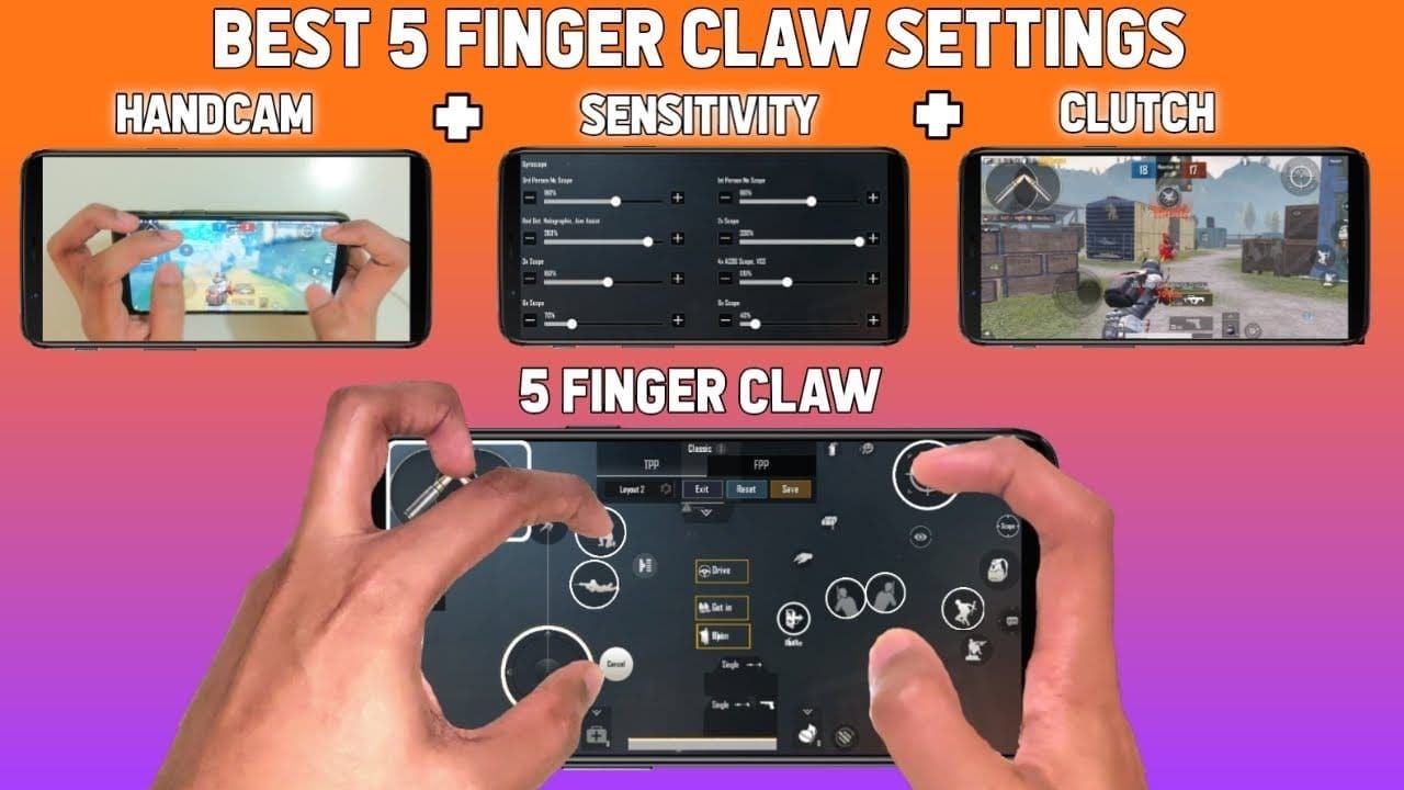 PUBG Mobile 5-finger claw control layout diagram with finger assignments and button positions